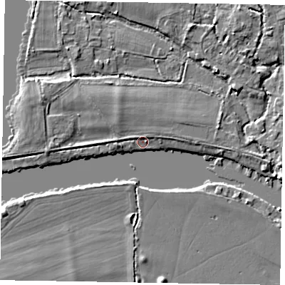 Shaded relief map of the ground around SL85RF, computed from Environment Agency LiDAR. The ground here sits at about 26 m above sea level and falls 4 m across the surrounding 800 m. Surface water reaching this point runs off ground lying to the west-north-west, 3.4 m higher.