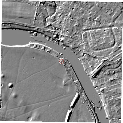 Shaded relief map of the ground around SL85RG, computed from Environment Agency LiDAR. The ground here sits at about 27 m above sea level and falls 6 m across the surrounding 800 m. Surface water reaching this point runs off ground lying to the north-east, 1.0 m higher.