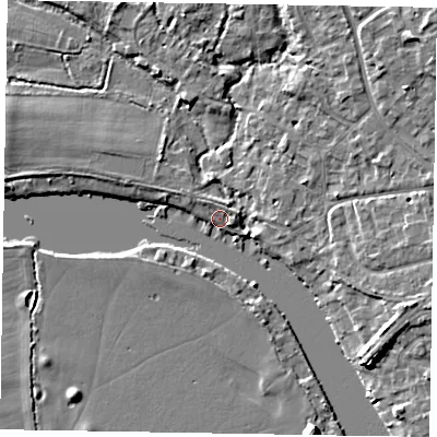Shaded relief map of the ground around SL85RH, computed from Environment Agency LiDAR. The ground here sits at about 26 m above sea level and falls 7 m across the surrounding 800 m. Surface water reaching this point runs off ground lying to the north, 2.0 m higher.