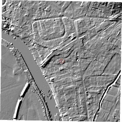 Shaded relief map of the ground around SL85RN, computed from Environment Agency LiDAR. The ground here sits at about 28 m above sea level and falls 12 m across the surrounding 800 m. Surface water reaching this point runs off ground lying to the north-north-east, 1.9 m higher.