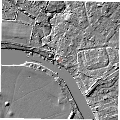 Shaded relief map of the ground around SL85RP, computed from Environment Agency LiDAR. The ground here sits at about 26 m above sea level and falls 7 m across the surrounding 800 m. Surface water reaching this point runs off ground lying to the east-north-east, 2.9 m higher.