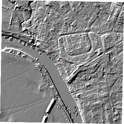 Shaded relief map of the ground around SL85RR, computed from Environment Agency LiDAR. The ground here sits at about 27 m above sea level and falls 10 m across the surrounding 800 m. Surface water reaching this point runs off ground lying to the north-east, 2.1 m higher.