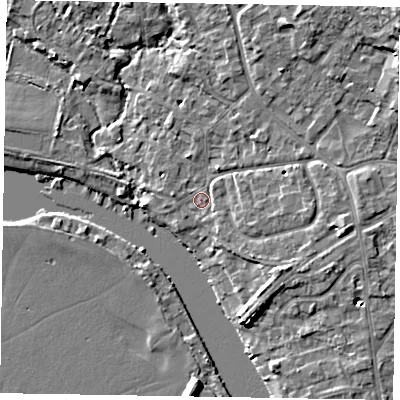 Shaded relief map of the ground around SL85RS, computed from Environment Agency LiDAR. The ground here sits at about 27 m above sea level and falls 11 m across the surrounding 800 m. Surface water reaching this point runs off ground lying to the east-south-east, 3.9 m higher.