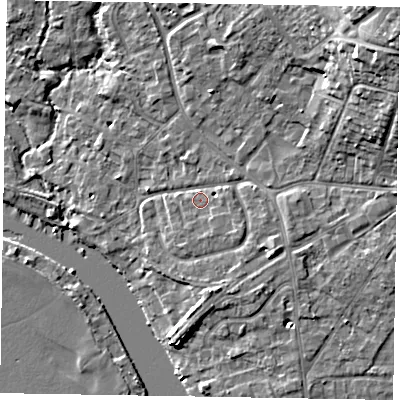 Shaded relief map of the ground around SL85RU, computed from Environment Agency LiDAR. The ground here sits at about 28 m above sea level and falls 19 m across the surrounding 800 m. Surface water reaching this point runs off ground lying to the south-east, 1.4 m higher.