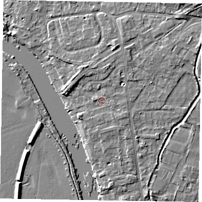 Shaded relief map of the ground around SL85RW, computed from Environment Agency LiDAR. The ground here sits at about 28 m above sea level and falls 8 m across the surrounding 800 m. Surface water reaching this point runs off ground lying to the north-north-east, 2.7 m higher.