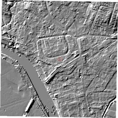 Shaded relief map of the ground around SL85RY, computed from Environment Agency LiDAR. The ground here sits at about 29 m above sea level and falls 16 m across the surrounding 800 m. Surface water reaching this point runs off ground lying to the east, 2.2 m higher.