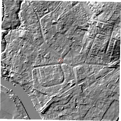 Shaded relief map of the ground around SL85SA, computed from Environment Agency LiDAR. The ground here sits at about 28 m above sea level and falls 23 m across the surrounding 800 m. Surface water reaching this point runs off ground lying to the north-east, 17.5 m higher.