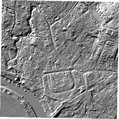 Shaded relief map of the ground around SL85SB, computed from Environment Agency LiDAR. The ground here sits at about 28 m above sea level and falls 21 m across the surrounding 800 m. Surface water reaching this point runs off ground lying to the north-east, 16.5 m higher.