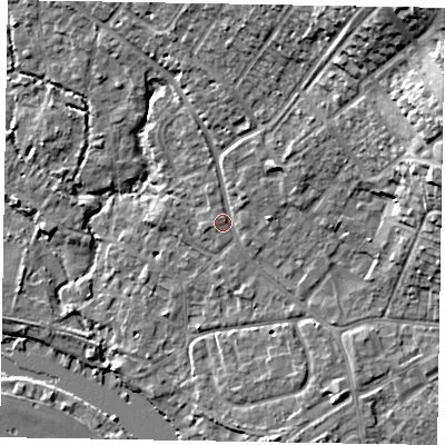Shaded relief map of the ground around SL85SE, computed from Environment Agency LiDAR. The ground here sits at about 28 m above sea level and falls 19 m across the surrounding 800 m. Surface water reaching this point runs off ground lying to the north-east, 16.0 m higher.