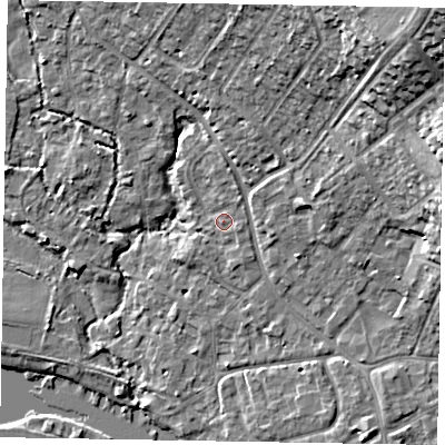 Shaded relief map of the ground around SL85SH, computed from Environment Agency LiDAR. The ground here sits at about 28 m above sea level and falls 22 m across the surrounding 800 m. Surface water reaching this point runs off ground lying to the north-north-east, 1.5 m higher.
