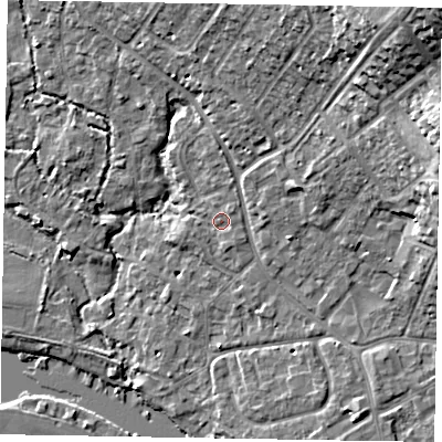 Shaded relief map of the ground around SL85SJ, computed from Environment Agency LiDAR. The ground here sits at about 28 m above sea level and falls 20 m across the surrounding 800 m. Surface water reaching this point runs off ground lying to the south-east, 1.1 m higher.