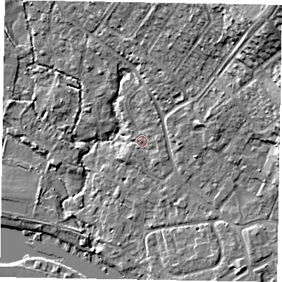 Shaded relief map of the ground around SL85SL, computed from Environment Agency LiDAR. The ground here sits at about 28 m above sea level and falls 21 m across the surrounding 800 m. Surface water reaching this point runs off ground lying to the north, 1.9 m higher.