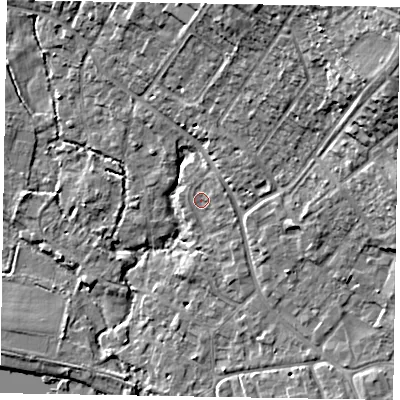 Shaded relief map of the ground around SL85SN, computed from Environment Agency LiDAR. The ground here sits at about 28 m above sea level and falls 23 m across the surrounding 800 m. Surface water reaching this point runs off ground lying to the north-east, 1.7 m higher.
