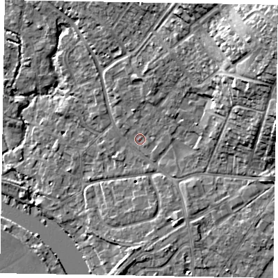 Shaded relief map of the ground around SL85SS, computed from Environment Agency LiDAR. The ground here sits at about 28 m above sea level and falls 23 m across the surrounding 800 m. Surface water reaching this point runs off ground lying to the north-east, 18.5 m higher.