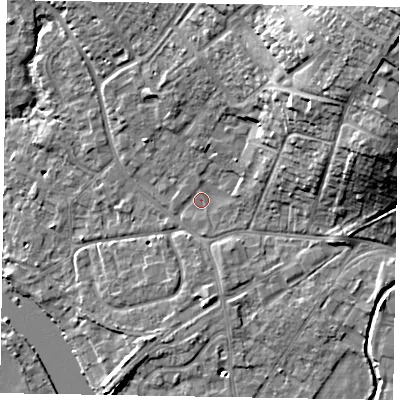 Shaded relief map of the ground around SL85SX, computed from Environment Agency LiDAR. The ground here sits at about 28 m above sea level and falls 26 m across the surrounding 800 m. Surface water reaching this point runs off ground lying to the north-east, 13.1 m higher.