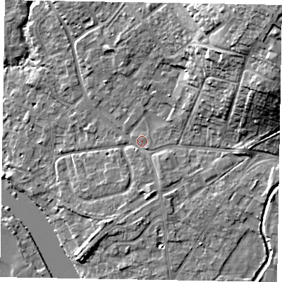 Shaded relief map of the ground around SL85SY, computed from Environment Agency LiDAR. The ground here sits at about 28 m above sea level and falls 24 m across the surrounding 800 m. Surface water reaching this point runs off ground lying to the north-east, 20.7 m higher.