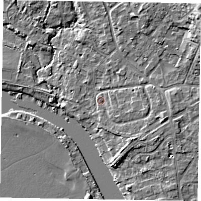 Shaded relief map of the ground around SL85TB, computed from Environment Agency LiDAR. The ground here sits at about 28 m above sea level and falls 14 m across the surrounding 800 m. Surface water reaching this point runs off ground lying to the east-south-east, 3.8 m higher.