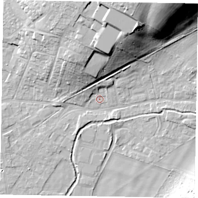Shaded relief map of the ground around SL85UT, computed from Environment Agency LiDAR. The ground here sits at about 29 m above sea level and falls 35 m across the surrounding 800 m. Surface water reaching this point runs off ground lying to the north-east, 32.7 m higher.