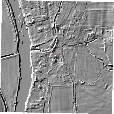 Shaded relief map of the ground around SL85XP, computed from Environment Agency LiDAR. The ground here sits at about 26 m above sea level and falls 5 m across the surrounding 800 m. Surface water reaching this point runs off ground lying to the north-west, 1.9 m higher.