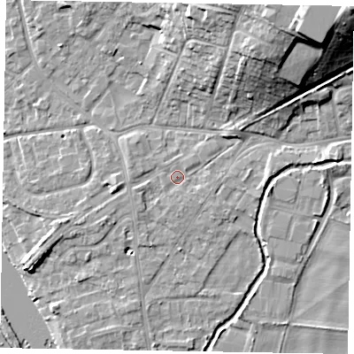 Shaded relief map of the ground around SL85YS, computed from Environment Agency LiDAR. The ground here sits at about 29 m above sea level and falls 25 m across the surrounding 800 m. Surface water reaching this point runs off ground lying to the north-east, 2.0 m higher.