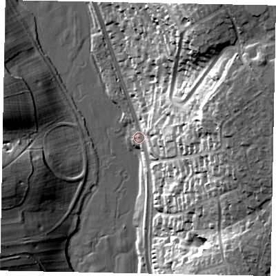 Shaded relief map of the ground around SL90PA, computed from Environment Agency LiDAR. The ground here sits at about 68 m above sea level and falls 38 m across the surrounding 800 m. Surface water reaching this point runs off ground lying to the east, 21.8 m higher.