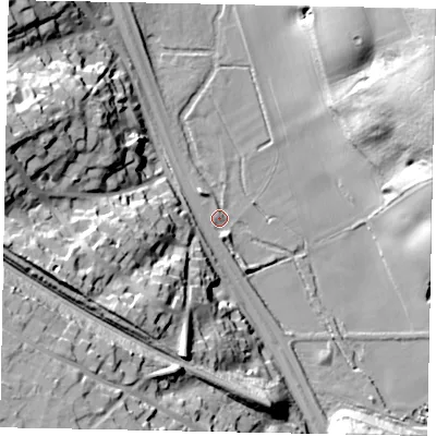 Shaded relief map of the ground around SL90PU, computed from Environment Agency LiDAR. The ground here sits at about 51 m above sea level and falls 41 m across the surrounding 800 m. Surface water reaching this point runs off ground lying to the west-north-west, 31.9 m higher.