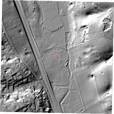 Shaded relief map of the ground around SL90PX, computed from Environment Agency LiDAR. The ground here sits at about 53 m above sea level and falls 40 m across the surrounding 800 m. Surface water reaching this point runs off ground lying to the south-west, 2.9 m higher.