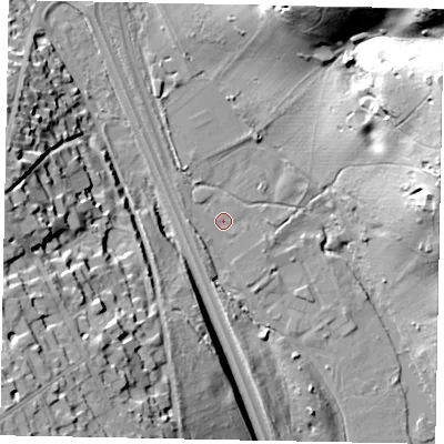 Shaded relief map of the ground around SL90QA, computed from Environment Agency LiDAR. The ground here sits at about 55 m above sea level and falls 38 m across the surrounding 800 m. Surface water reaching this point runs off ground lying to the north-west, 0.9 m higher.