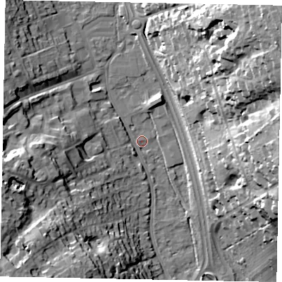 Shaded relief map of the ground around SL99AL, computed from Environment Agency LiDAR. The ground here sits at about 59 m above sea level and falls 37 m across the surrounding 800 m. Surface water reaching this point runs off ground lying to the west-south-west, 19.5 m higher.