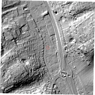 Shaded relief map of the ground around SL99AP, computed from Environment Agency LiDAR. The ground here sits at about 58 m above sea level and falls 37 m across the surrounding 800 m. Surface water reaching this point runs off ground lying to the north-north-west, 0.9 m higher.