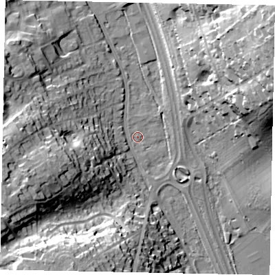 Shaded relief map of the ground around SL99AR, computed from Environment Agency LiDAR. The ground here sits at about 58 m above sea level and falls 38 m across the surrounding 800 m. Surface water reaching this point runs off ground lying to the west-south-west, 29.1 m higher.