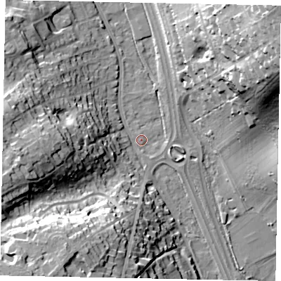 Shaded relief map of the ground around SL99AS, computed from Environment Agency LiDAR. The ground here sits at about 58 m above sea level and falls 39 m across the surrounding 800 m. Surface water reaching this point runs off ground lying to the south-west, 31.3 m higher.