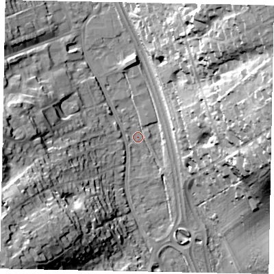 Shaded relief map of the ground around SL99AW, computed from Environment Agency LiDAR. The ground here sits at about 58 m above sea level and falls 38 m across the surrounding 800 m. Surface water reaching this point runs off ground lying to the north-east, 37.0 m higher.