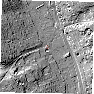 Shaded relief map of the ground around SL99EQ, computed from Environment Agency LiDAR. The ground here sits at about 61 m above sea level and falls 34 m across the surrounding 800 m. Surface water reaching this point runs off ground lying to the south-west, 26.6 m higher.