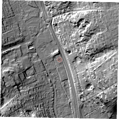 Shaded relief map of the ground around SL99FG, computed from Environment Agency LiDAR. The ground here sits at about 60 m above sea level and falls 38 m across the surrounding 800 m. Surface water reaching this point runs off ground lying to the east-north-east, 35.4 m higher.