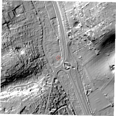 Shaded relief map of the ground around SL99JT, computed from Environment Agency LiDAR. The ground here sits at about 58 m above sea level and falls 40 m across the surrounding 800 m. Surface water reaching this point runs off ground lying to the north-east, 37.4 m higher.
