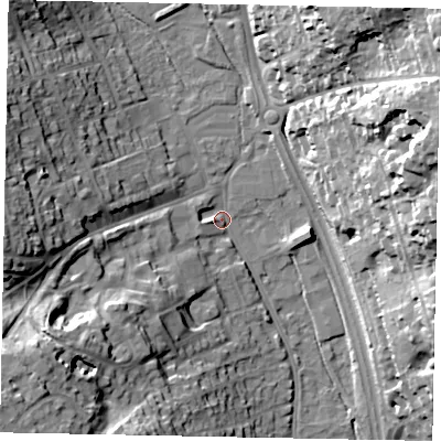 Shaded relief map of the ground around SL99QA, computed from Environment Agency LiDAR. The ground here sits at about 61 m above sea level and falls 34 m across the surrounding 800 m. Surface water reaching this point runs off ground lying to the north-east, 32.5 m higher.