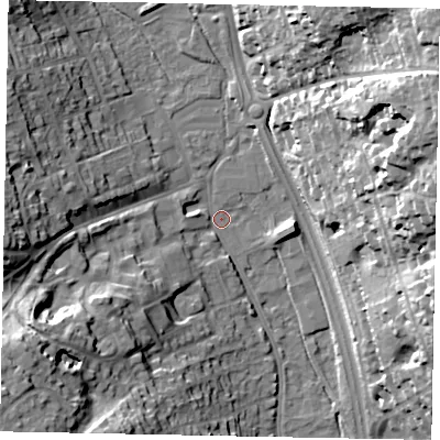 Shaded relief map of the ground around SL99QE, computed from Environment Agency LiDAR. The ground here sits at about 60 m above sea level and falls 35 m across the surrounding 800 m. Surface water reaching this point runs off ground lying to the north-east, 33.5 m higher.