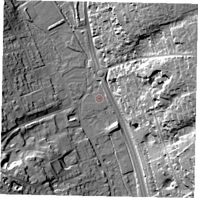 Shaded relief map of the ground around SL99QH, computed from Environment Agency LiDAR. The ground here sits at about 60 m above sea level and falls 37 m across the surrounding 800 m. The ground contributing surface water to this point lies to the west-north-west.