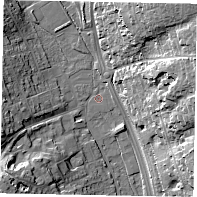Shaded relief map of the ground around SL99QJ, computed from Environment Agency LiDAR. The ground here sits at about 60 m above sea level and falls 37 m across the surrounding 800 m. Surface water reaching this point runs off ground lying to the north-east, 35.6 m higher.
