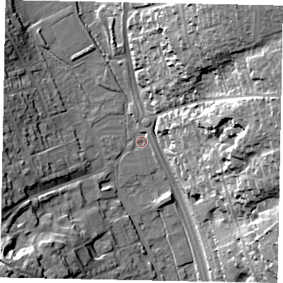 Shaded relief map of the ground around SL99QL, computed from Environment Agency LiDAR. The ground here sits at about 60 m above sea level and falls 37 m across the surrounding 800 m. Surface water reaching this point runs off ground lying to the north-east, 36.3 m higher.