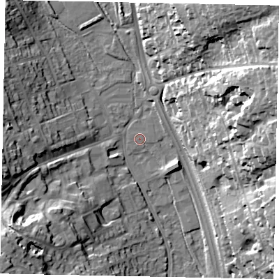 Shaded relief map of the ground around SL99QQ, computed from Environment Agency LiDAR. The ground here sits at about 60 m above sea level and falls 36 m across the surrounding 800 m. The ground contributing surface water to this point lies to the north-north-east.