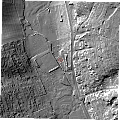 Shaded relief map of the ground around SL99QX, computed from Environment Agency LiDAR. The ground here sits at about 62 m above sea level and falls 36 m across the surrounding 800 m. Surface water reaching this point runs off ground lying to the north-east, 33.6 m higher.