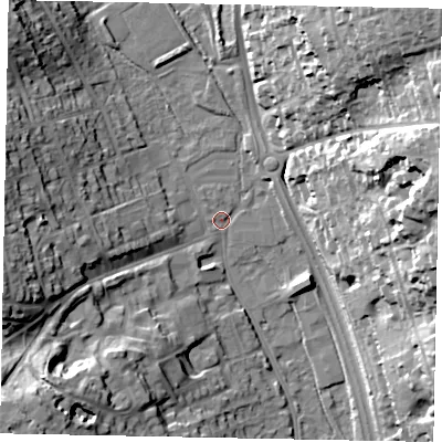 Shaded relief map of the ground around SL99RA, computed from Environment Agency LiDAR. The ground here sits at about 60 m above sea level and falls 36 m across the surrounding 800 m. Surface water reaching this point runs off ground lying to the north-east, 34.7 m higher.