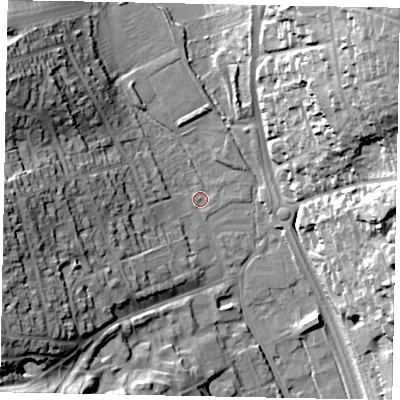 Shaded relief map of the ground around SL99RJ, computed from Environment Agency LiDAR. The ground here sits at about 61 m above sea level and falls 36 m across the surrounding 800 m. Surface water reaching this point runs off ground lying to the west-south-west, 26.2 m higher.