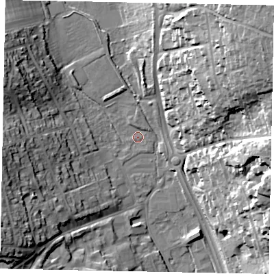 Shaded relief map of the ground around SL99RS, computed from Environment Agency LiDAR. The ground here sits at about 61 m above sea level and falls 36 m across the surrounding 800 m. Surface water reaching this point runs off ground lying to the west-south-west, 23.1 m higher.