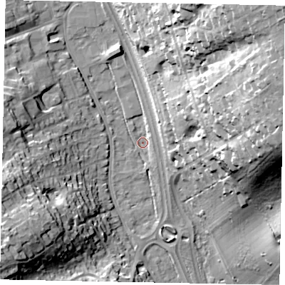 Shaded relief map of the ground around SL99TA, computed from Environment Agency LiDAR. The ground here sits at about 58 m above sea level and falls 39 m across the surrounding 800 m. Surface water reaching this point runs off ground lying to the north-east, 37.2 m higher.