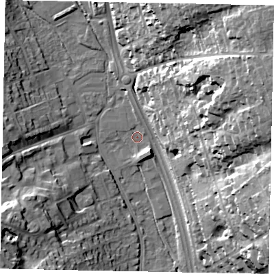 Shaded relief map of the ground around SL99TP, computed from Environment Agency LiDAR. The ground here sits at about 60 m above sea level and falls 38 m across the surrounding 800 m. Surface water reaching this point runs off ground lying to the east-north-east, 35.8 m higher.