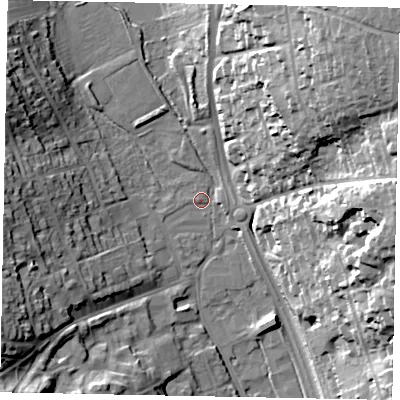 Shaded relief map of the ground around SL99TW, computed from Environment Agency LiDAR. The ground here sits at about 61 m above sea level and falls 37 m across the surrounding 800 m. Surface water reaching this point runs off ground lying to the north-east, 35.1 m higher.