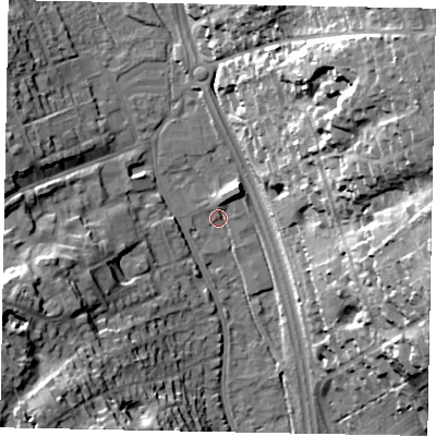 Shaded relief map of the ground around SL99UE, computed from Environment Agency LiDAR. The ground here sits at about 60 m above sea level and falls 37 m across the surrounding 800 m. Surface water reaching this point runs off ground lying to the east-north-east, 35.8 m higher.
